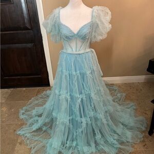 Sherri Hill Light Blue Tulle Maxi Dress